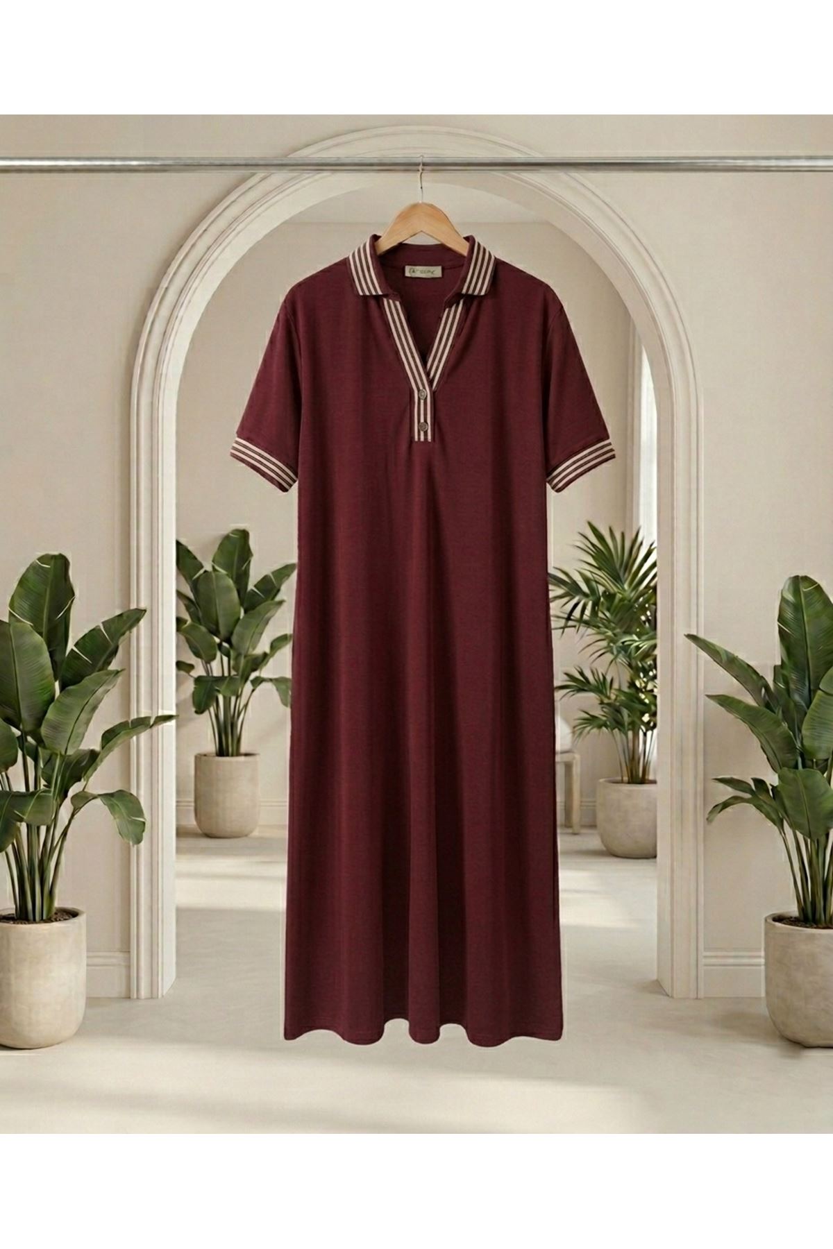 BORDO YAKALI ELBİSE  