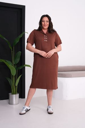 KAHVE YAKA DETAYLI ELBİSE 
