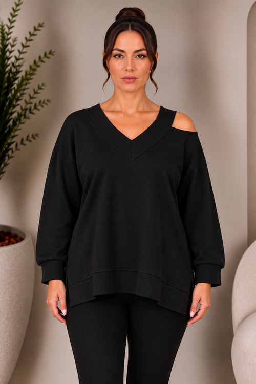 OMUZ DETAYLI SİYAH SWEATSHİRT